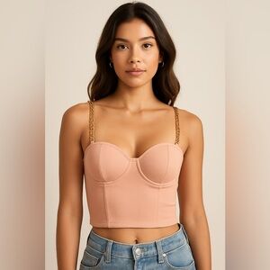 GUESS Jaida Blush Pink Bustier Crop Top with Gold Chain Straps – Size M